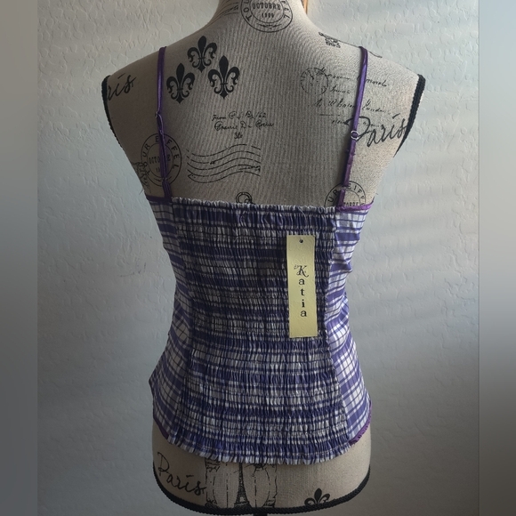 🆕 Katia purple checkered plaid academia cotton blend spaghetti strap top_M,L - Picture 4 of 15